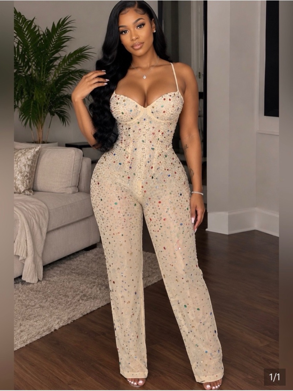 Elegant Nude Beaded Jumpsuit with Spaghetti Straps
